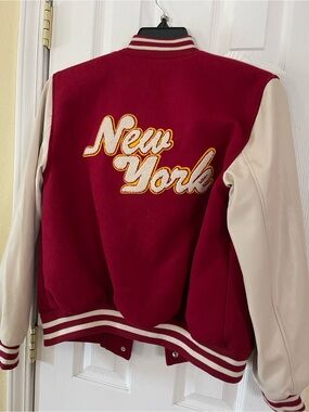 Ashley By 26 International Red and Cream Varsity Jacket with NEW YORK/Bear patch